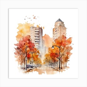 Watercolor Autumn Cityscape 2 Art Print