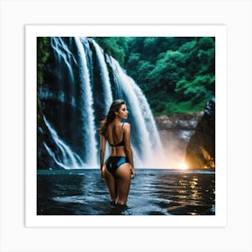 Woman Standing In Front Of A Waterfall fh Art Print