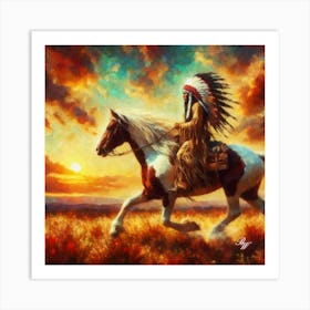 Oil Texture Native American Indian Riding On Prarie Art Print