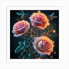 Bees And Roses Art Print