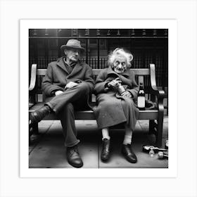 Old Couple Sitting On Bench Art Print