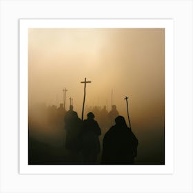 Silhouette Of Pilgrims Walking In The Fog Art Print