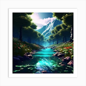 River In The Forest, blue sky, wall art, trees, and sun. good look, Art Print