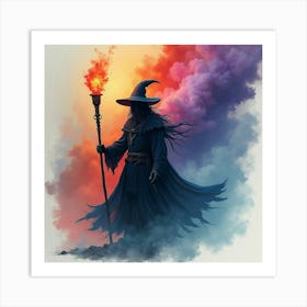 Black Magic Sorcerer In A Vibrant Watercolor Storm 1 Art Print