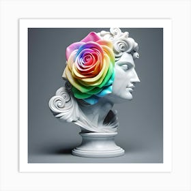 A White Marble Bust Of Rainbow Colored Rose On A Grey Background, 3d Art Print