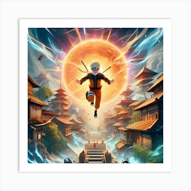 An Eye Catching Anime Style Digital Painting Featuring Naruto Unleashing Rasengan Set Against The Background Of Hidden Leaf Village And Visual Effects Like Explosions Art Print