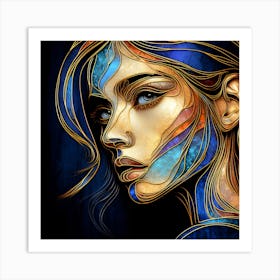 Portrait Of A Beautiful Woman's Face Looking In Style - An Abstract Artwork In Stained Glass Effect With Multi Colors, And Dark Background. Art Print