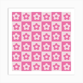 Checkered Hot Pink and White Retro Flowers Art Print