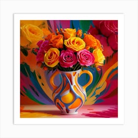 Colorful Roses In A Vase Art Print