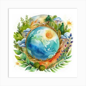 Watercolor Illustration Of Earth With Flowers And Forest Art Print