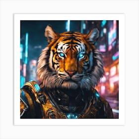 A highly detailed digital painting of a tiger wearing full body armor in a cyberpunk style. Art Print