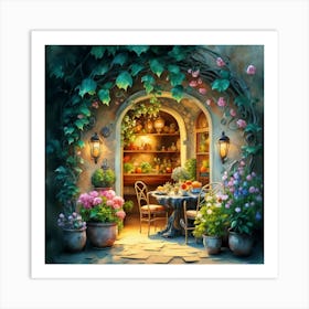 Quiet and attractive dining nook, overgrown flowers, high quality, detailed, highly 3D, elegant carved cart, 17 Art Print