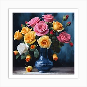 Pastel Rose Bouquet in Blue Vase Art Print