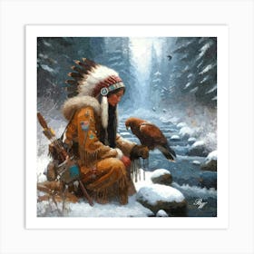 Native American Young Woman With Hawk Oil Texture 1 Art Print