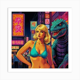 Retro Pop Godzilla with Blonde Art Print