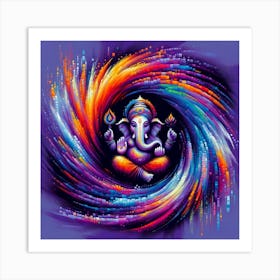 "Spectrum Swirl: Ganesha's Digital Harmony" - This vibrant artwork reimagines Lord Ganesha amidst a digital spectrum swirl, showcasing a stunning fusion of ancient symbolism and modern pixel art. The deity's form emanates from the center of a whirlpool of colors, representing the blending of traditional spirituality with the pulsating energy of the digital age. This piece is perfect for contemporary spaces that embrace a blend of culture and technology, offering a visually rich celebration of Ganesha's role as the remover of obstacles in the path to enlightenment and success. Art Print