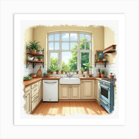 An English Home Kitchen With A Window View Of The Garden, Illustrated In Watercolor 1 Art Print