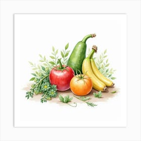 Elegant Watercolor Scene Of Fresh Produce With A Graceful Arrangement 1 Art Print