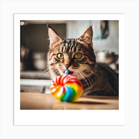 Cat eats a lollipop Art Print