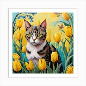 Cat In Tulips 1 Art Print