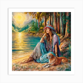 Woman And Dog On The Beach Art Print