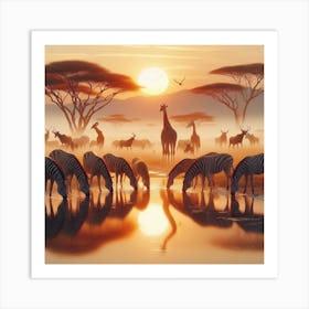 Giraffes At The Waterhole 2 Art Print