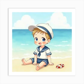 Baby Boy With A Sailor Outfit Sitting By A Watercolor Beach Art Print