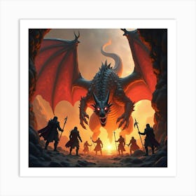 A Fierce Dragon Battling A Group Of Brave Adventurers In A Fiery Cavern 1 Art Print