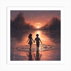 Couple Holding Hands In The Rain Art Print