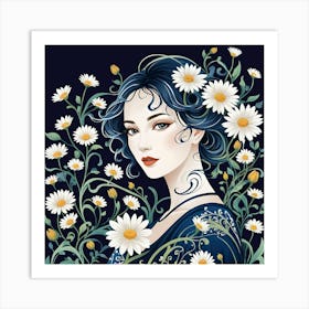 Daisy In The Daisy Garden, Deep Blue, White & Yellow Art Print