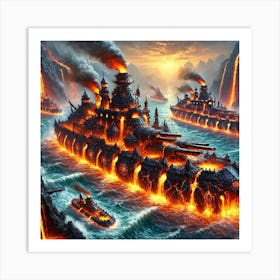 A Scene Showcasing The Lava Warships Of The Abyssa Art Print