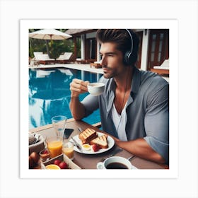 Young Man Listening To Music At The Pool Art Print