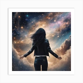 Create A Cinematic Scene Where A Mysterious Woman In A Black Leather Jacket Floats Gracefully Through The Cosmos, Surrounded By Swirling Clouds Of Stars And Galaxies Art Print