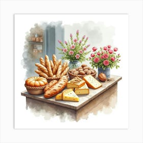 Watercolor Of A Parisian Market Scene With Artisan Bread, Cheeses, And Flowers 1 Art Print