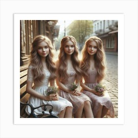 Three Dolls Sitting On A Bench Art Print