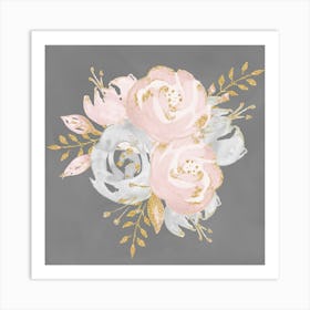 Pink And Gold Roses on Gray Art Print