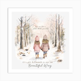 Two Girls Walking In The Snow Art Print