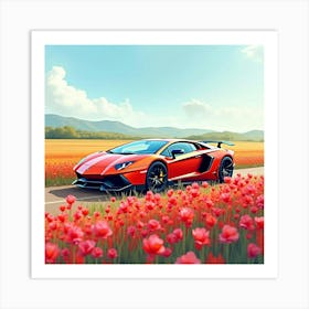 Lamborghini Aventador By A Watercolor Vibrant Flower Field 1 Art Print