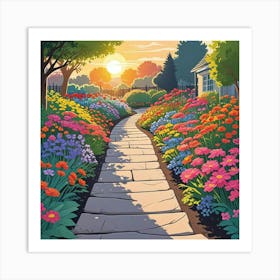 Colorful Landscape Painting With Flowering Daisies In Naive Art Style (3) Art Print