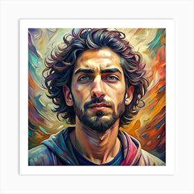 Intense Gaze Of A Man With Curly Hair And A Beard Art Print