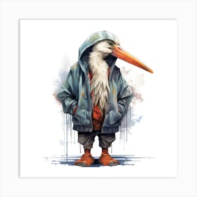 Watercolour Cartoon Stork In A Hoodie Art Print