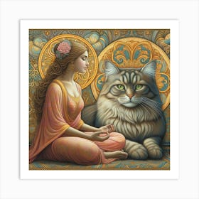 Cat And A Woman Art Print