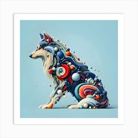 A Wolf, Minimalistic Colorful Organic Forms, Energy, Assembled, Layered, Depth, Alive Vibrant, 3d, Abstract, On A Light Blue Background 3 (1) Art Print