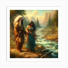 Oil Texture Native American Couple By Stream 10 Copy Art Print