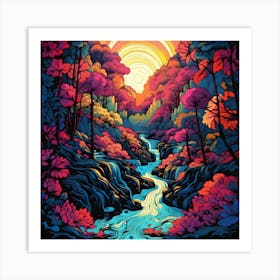 Fantasy River Forest Groovy Colorful Nature Sunset Trees Stream Landscape Art Print