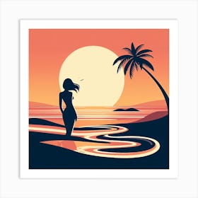 Sunset Girl At The Beach Art Print