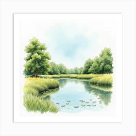 Watercolor Illustration Of The Frensham Ponds In Surrey, Featuring Its Natural Beauty And Serene Atmosphere Art Print