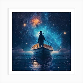 Boy on a small boat in the sea under starry night Art Print