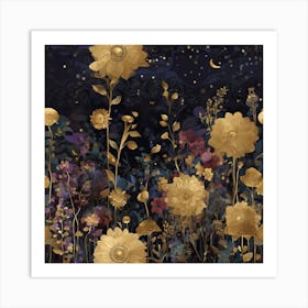 Golden Flowers At Night Art Print