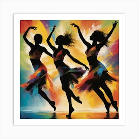 Dynamic silhouettes of dancers in motion against a colorful abstract background. The scene should convey energy, rhythm, and joy, with vibrant splashes of color highlighting the movement. 2 Art Print